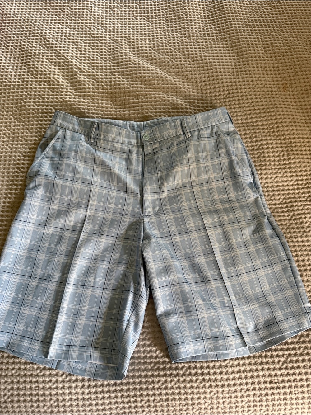 Pebble Beach Pale Blue Plaid Flat-Front Men's Golf Shorts
